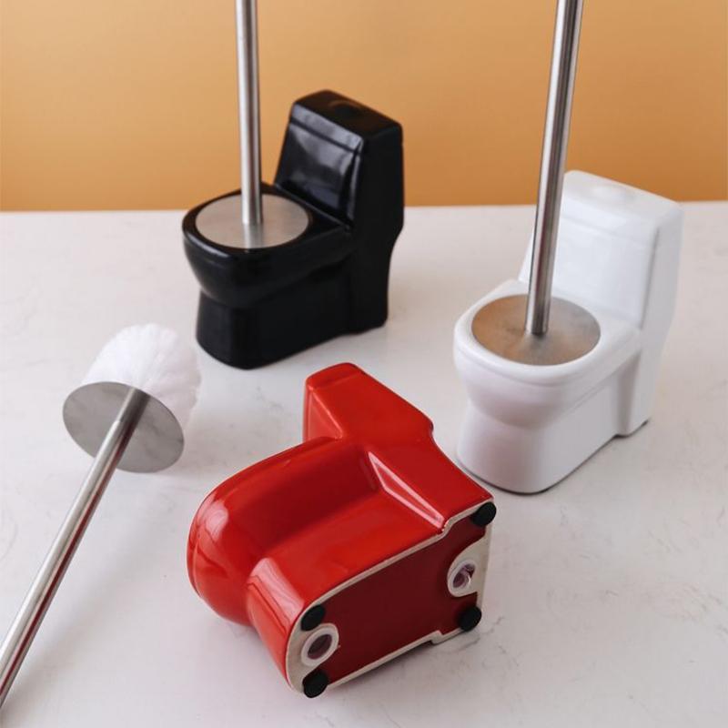 Creative Handmade Toilet Brush Holder Set Creative Bathroom Cleaning Ceramic Long Handle Free Punching Toilet Brush