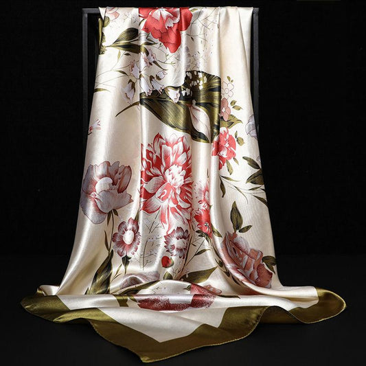 Flower Wrap Shawl Square Silk Imitation Satin Women Elegant Scarf  All-match Headscarf Sunscreen Gauze Shawl