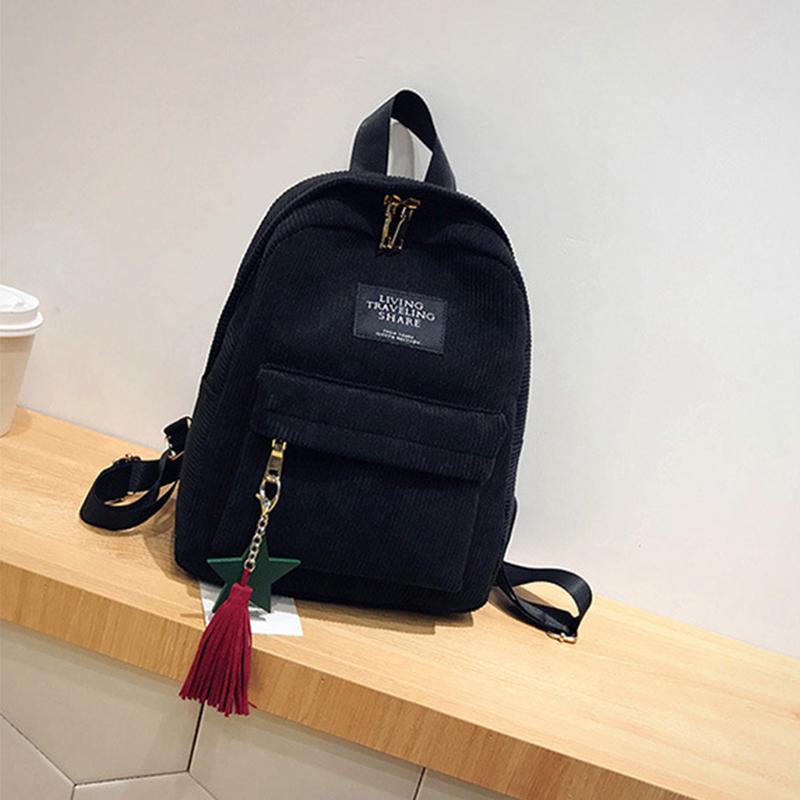 Corduroy Backpack for Women Cute Tassel Student School Bag Casual Knapsack