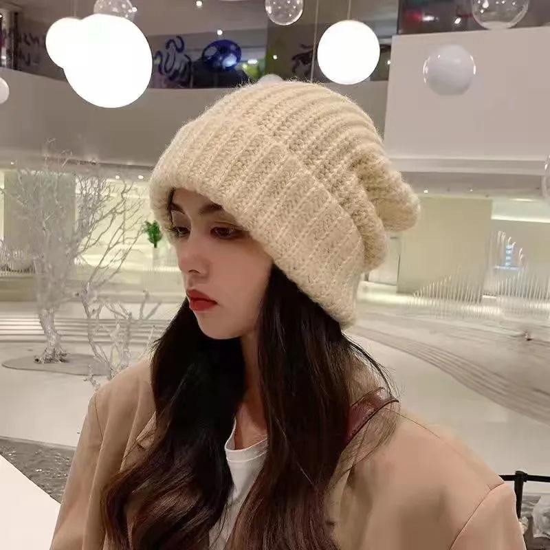 Women's Big Head Circumference Thick Knitted Hat Small Face Dome Beret Hat Street Woolen Hat Japanese Autumn and Winter Ear Protection Warm Pile Hat