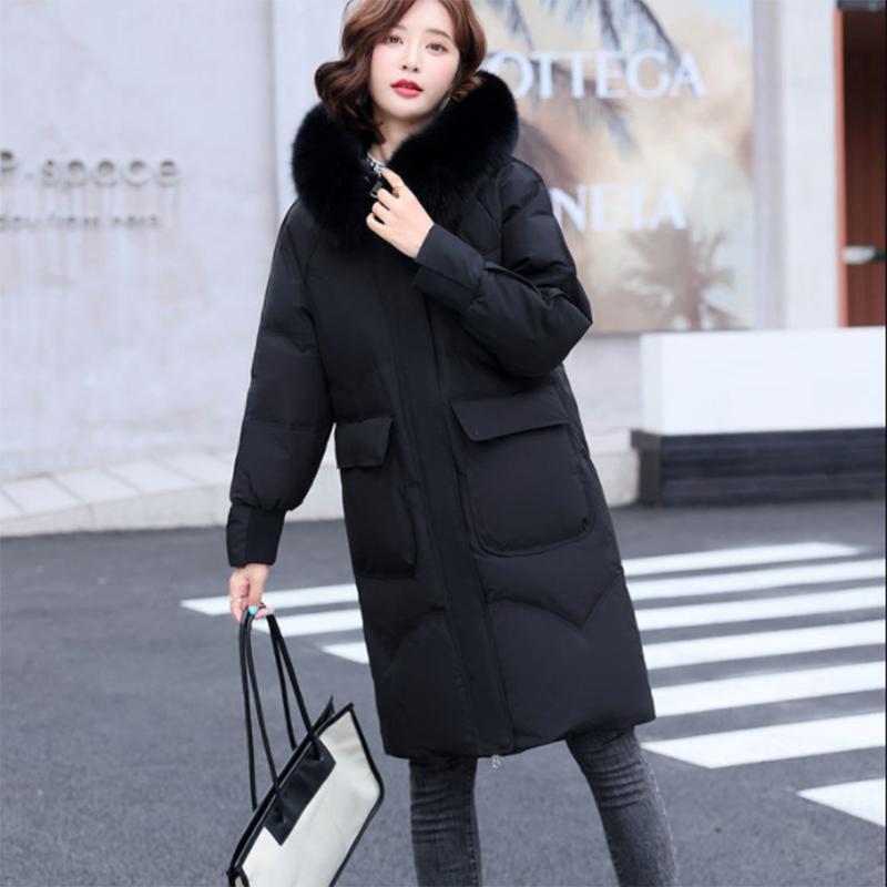 Women's Shiny Down Padded Jacket Mid-length Korean Style Loose Padded Jacket Warm Cotton Coat Big Fur Collar Winter Clothes