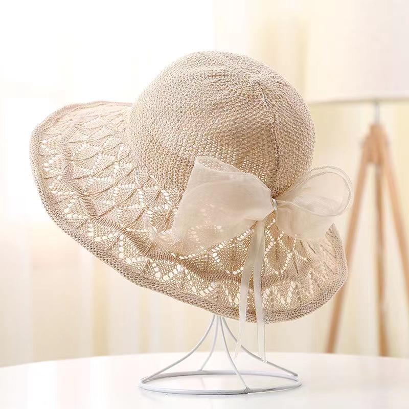 Women's Summer Bow Ribbon Sunscreen Hat Hollow Out Sun Cap Washable Folding Big Edge All Match Fisherman Hat Outdoor Sunshade Cool Hat