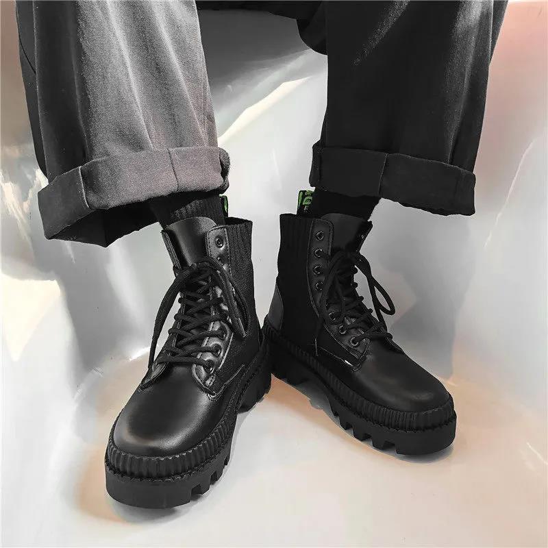 Black Thick-soled Increased Martin Boots Men's Spring High-top Shoes Men's Korean Version of All-match Boots