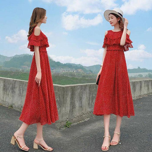 Pofulove Women Red Polka Dot Chiffon Dress Slim Long Strapless Dress Below The Knee Thin Dresses