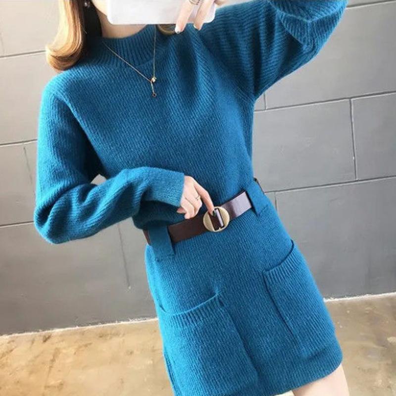 Korean Style Loose Outer Wear Mid-length Sweater Women Waist Slim Half Turtleneck Long Sleeve Autumn  Winter Base Sweater Dress