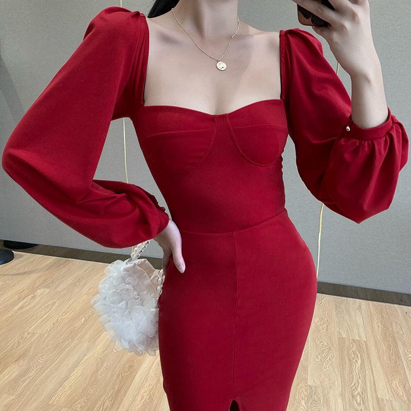 Female Retro Elegant Long Sleeve Court Style Bubble Sleeve Slim and Long Split Graceful Dress