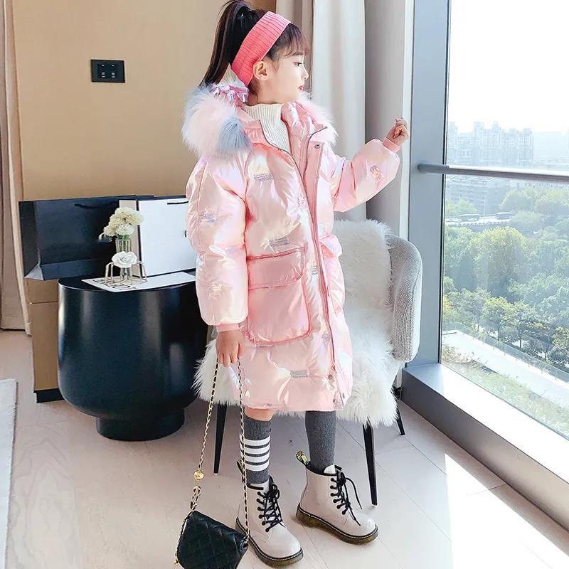 Girls' Warm Cotton Clothes Korean Style Plus Velvet Padded Coat Shiny Windproof Winter Jacket Children's Mid-length Quilted Jacket