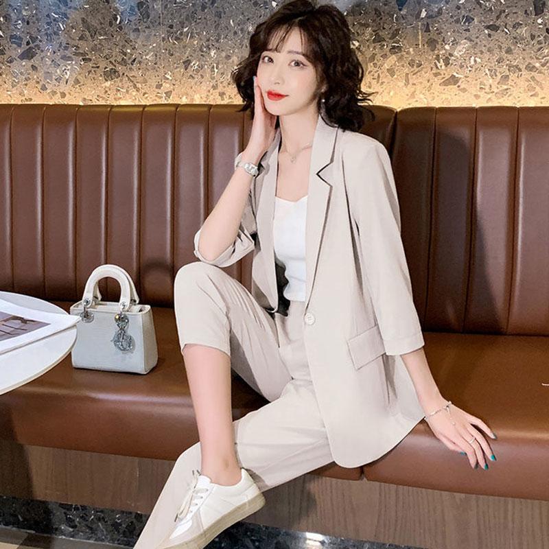 2PCS Women's Solid Color Suits Set Ladies Suit Thin Jacket + Loose Casual Pants Two-piece  Spring and Autumn Large Size Fat Girl Slimming Suit