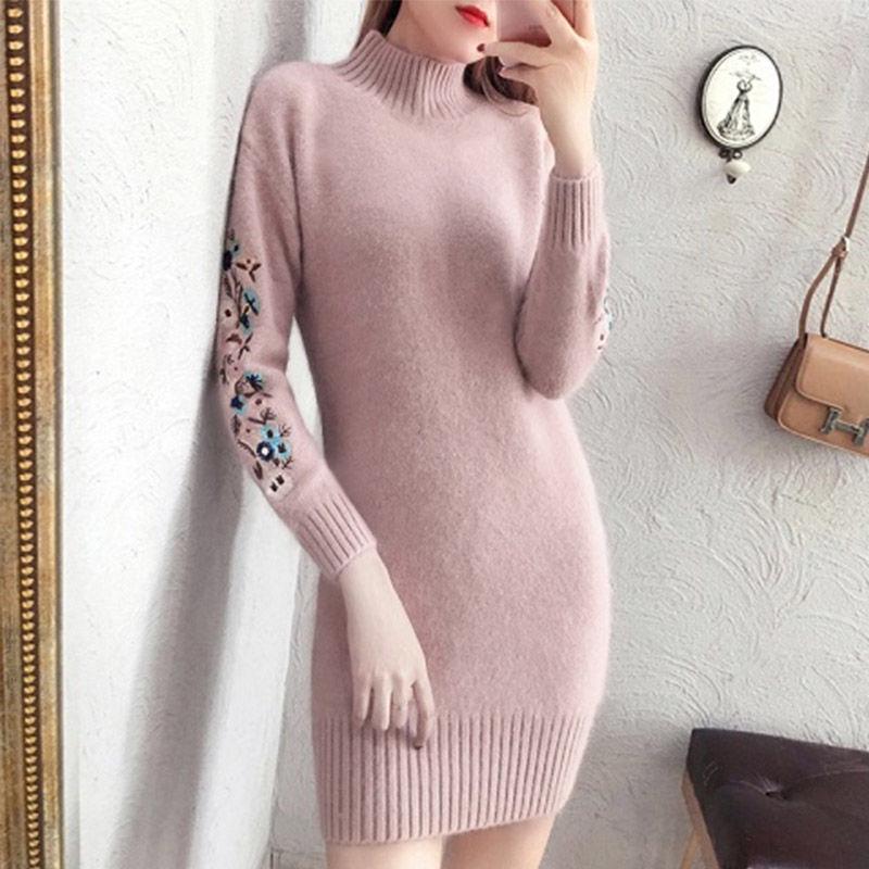 Women Sweater Dress Thick Warm Turtleneck Long Sleeves Female Dresses Slim Rib Knitted Dresses