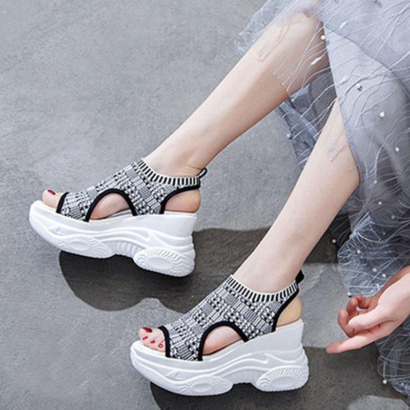 Plus Size 35-39 Fashion Women Mesh Shoes Cutout Beach Casual Sandals Flip Flop Sandals Increased Roman Shoes