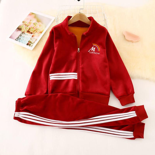 Girls Autumn and Winter Suit Plus Velvet Thickened Sports Two-piece Girl Double-sided Velvet Suit