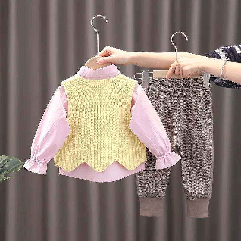 Female Baby Suit 0-5 Years Old Girl Korean Cute Spring and Autumn Clothes Long Sleeve Sweater Vest Three-piece