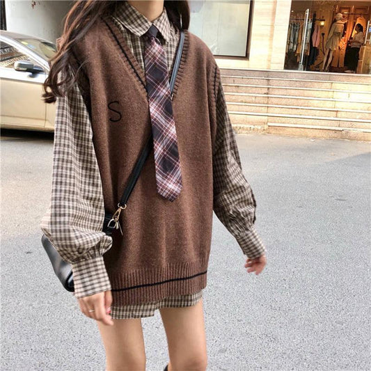 Winter Retro Gray Sweater Vest Women Student Wear Inside Out Thick Warm Knit Vest Top