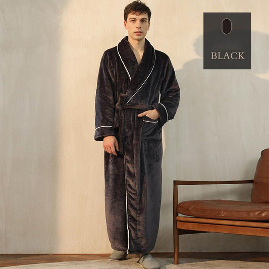 Autumn and Winter Flannel Nightgown Men's Flannel Lengthened Thick Bathrobe Men's Winter Coral Fleece Naked Pajamas