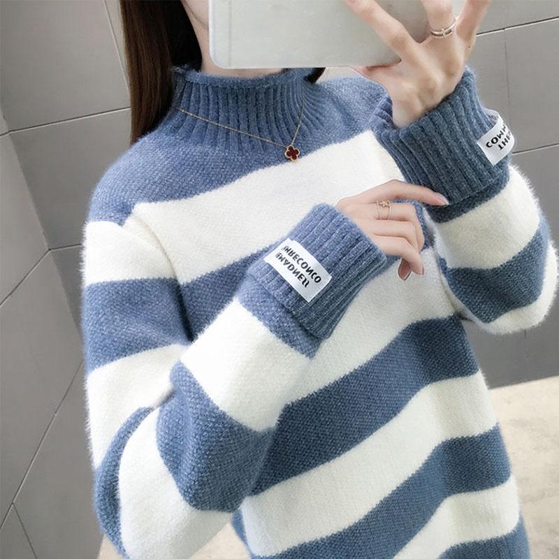 Autumn and Winter Mohair Sweater Skirt Mid-length Plus Velvet Thick Bottoming Shirt Loose Striped Women's Dress