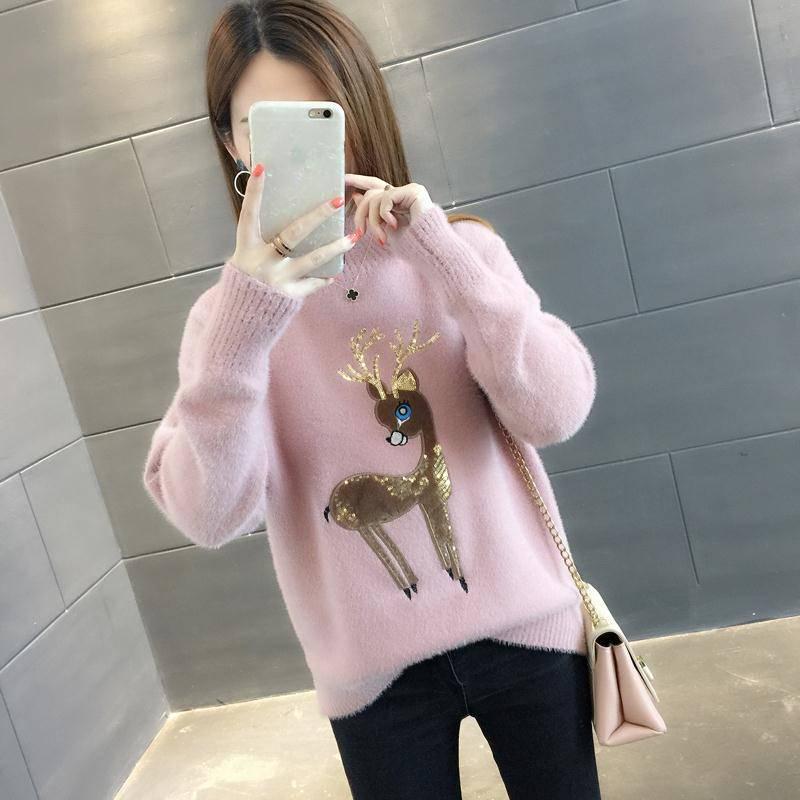 Pofulove Faux Mink Plus Velvet Thick Half Turtleneck Christmas Sweet Pullover Sweater Women Loose Autumn Winter Warm