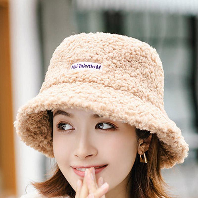 Women Hat Autumn and Winter All-match Lamb Wool Fisherman Hat Round Face Thinner Thick Bucket Hat Fashion Warmth Out Hat Adjustable Size