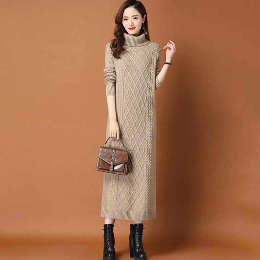 High Neck Pullover Long Outer Wear Sweater Skirt Over The Knee To Keep Warm Slim and Slim Matching Coat Knitted Dress Female Temperament Sweater Skirt