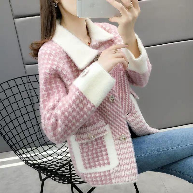 Autumn and Winter Korean Style Coat Loose Houndstooth Knitted Cardigan Lapel Long-sleeved Short Sweater