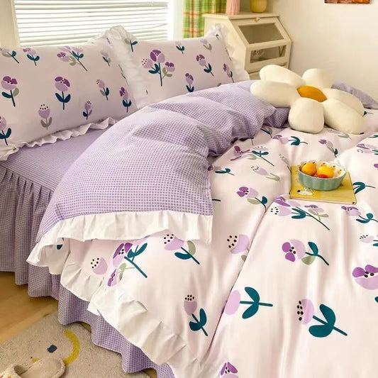 Bedding Four-piece Set Korean Version Pure Cotton Princess Style Skin-friendly Brushed Bed Sheet Quilt Cover Sheet Single Double Bedroom Bedding