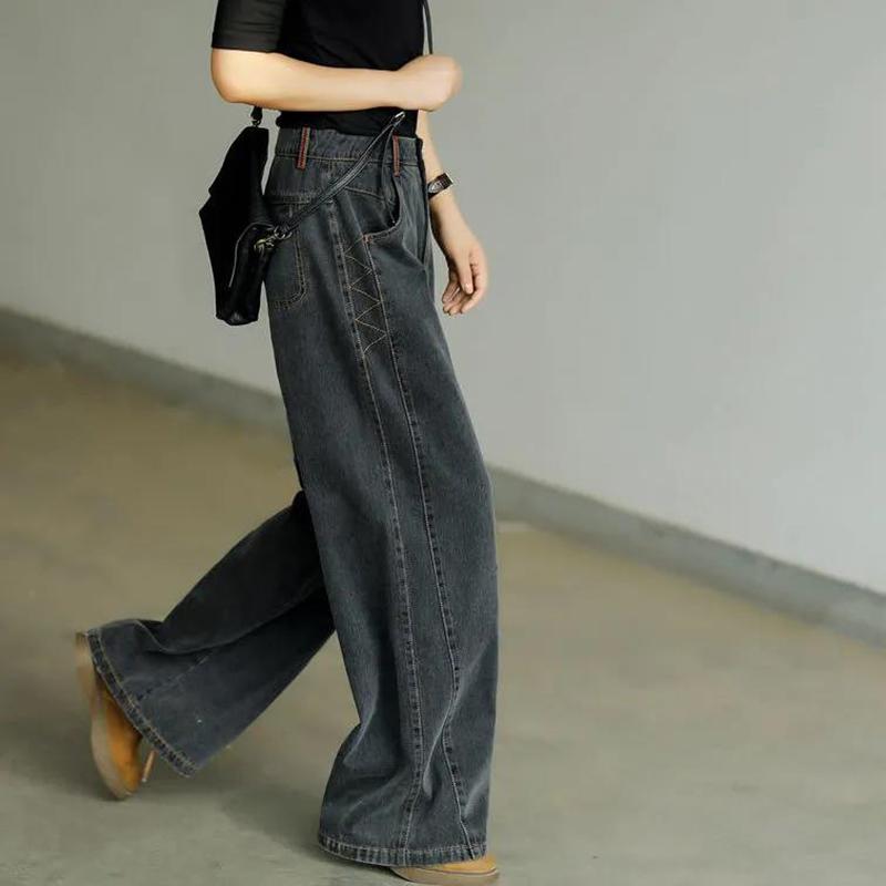 WTEMPO Retro Style High Waist Jeans Jeans Super Long Straight Leg Loose and Thin Women's Wide-leg Trousers