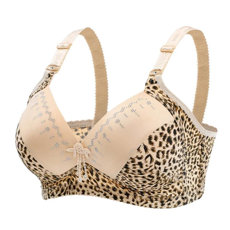 Large Size Thin Leopard Print Bra Underwear Female Super Gathered Sexy Big Breasted Anti-sagging No Steel Ring Bra