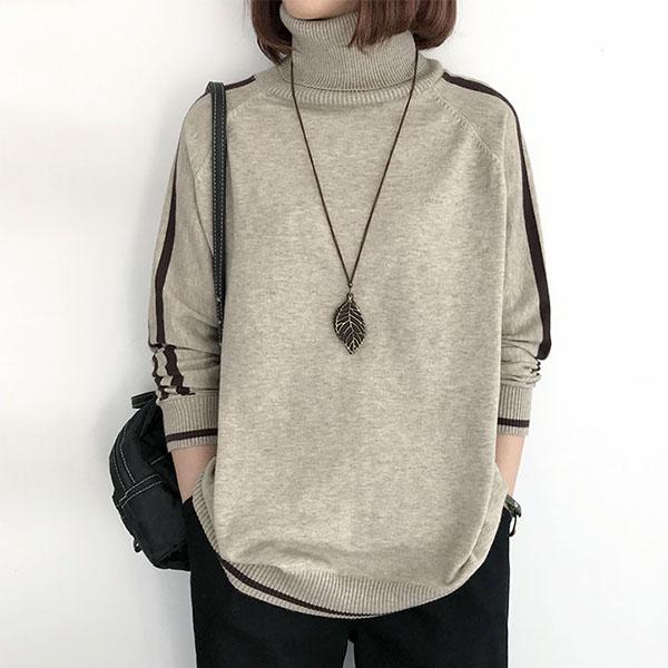 Turtleneck Sweater Women Loose Mid-length Pullover Large Size Color-blocking Sweater Autumn and Winter Long-sleeved Sweater