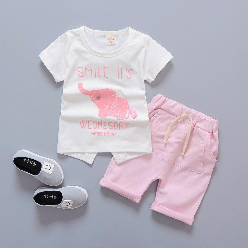 Baby Boy Clothes Summer Soft Breathable Infant Clothing Elephant Print Cute Short Sleeve T-Shirt Top Striped Pants Kids Suit