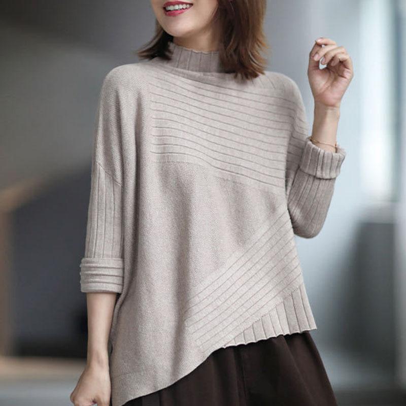 Spring and Autumn Half High Neck Knitted Sweater Loose Wild Pullover Pure Color Simple Female Sweater