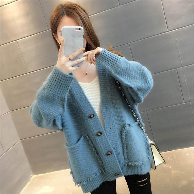 Women's Loose Knit Cardigan Spring and Autumn V-neck Blouse Wear All-match Tassel Sweater Coat