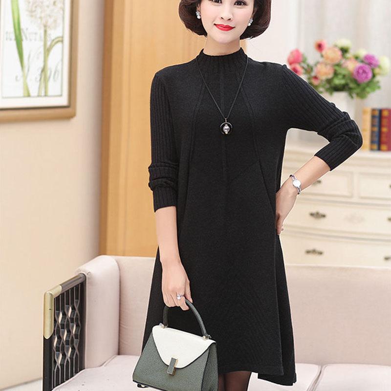 Autumn and Winter Aunt Loose Dress Mid-length Half-high Collar Casual Bottom Skirt Solid Color Middle-aged Women Sweater Skirt