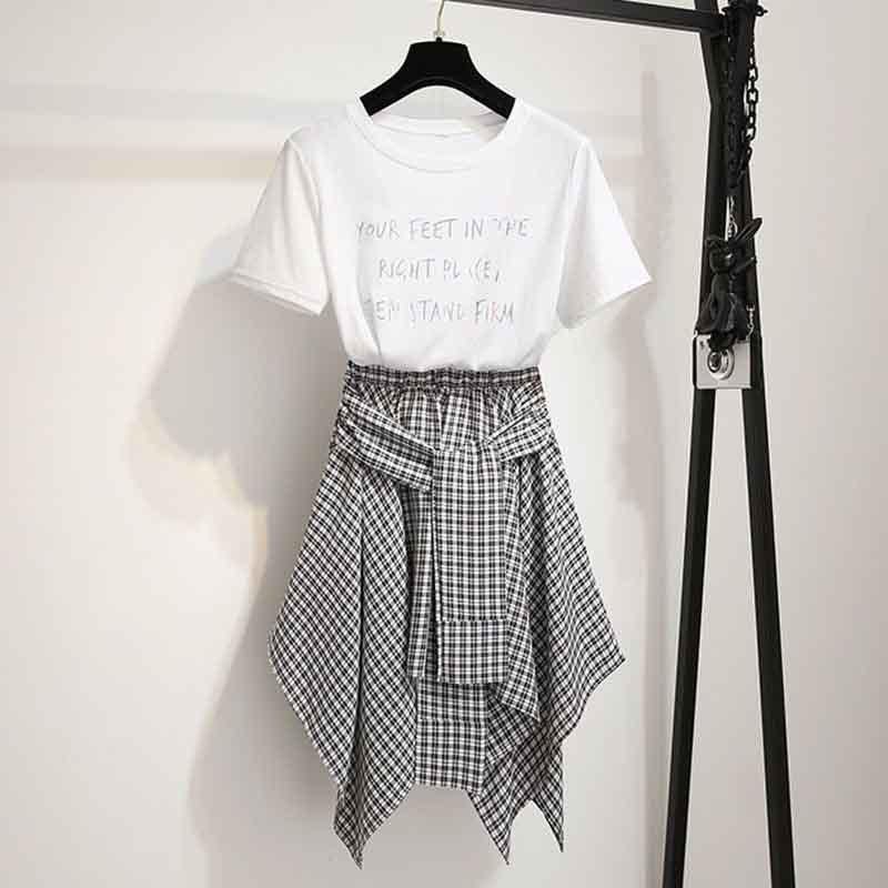 2pcs/set Summer Women Sample O-neck T-shirt+irregular Plaid Skirt 2piece Set  Office Lady T-shirt Skirt Suits Women Summer Set