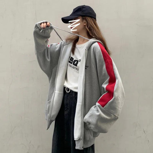 Women's Loose Sweater Korean Style Fleece Jacket Versatile Long Sleeve Lazy Top Zipper Cardigan Hooded Sweater Striped Cardigan Sweatershirts