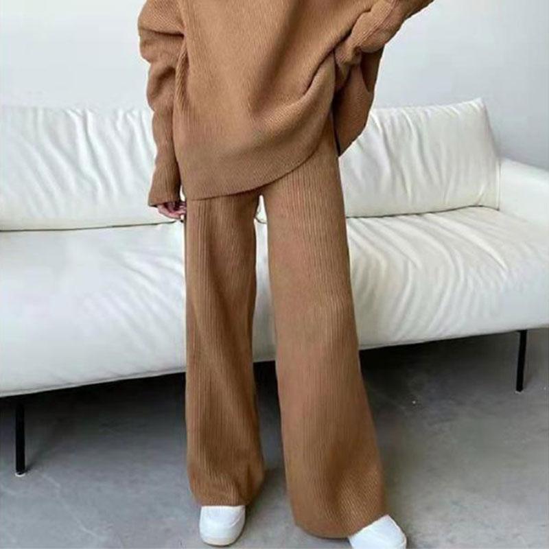 2PCS Long Sleeve Sweater Wide Leg Pants Trousers Loose Turtleneck Knit Sweater Casual Two Piece Sweater Set Solid Color Sweat Suits For Women