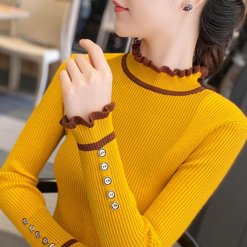 Knitted Bottoming Shirt Women Autumn and Winter Button Decoration Half Turtleneck Sweater Young Women Sweater