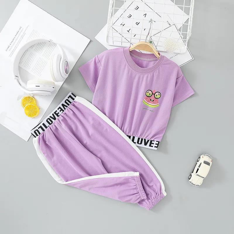 2PCS Children Clothing Set Spring Summer Girls Suits Printing Letter Watermelon Short Sleeve Tops + Pants Clothing Set