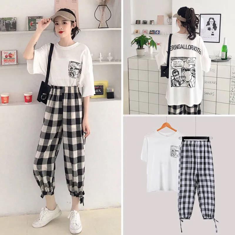 Suit Women's Round Neck Short-sleeved Shirt Loose Plaid Pants Suit Women Loose Summer Casual Women's Two-piece Suit