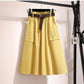 Women's Spring and Summer Skirts Mid-length Knee-length Elegant Button High-waisted Skirt Pleated School Skirt