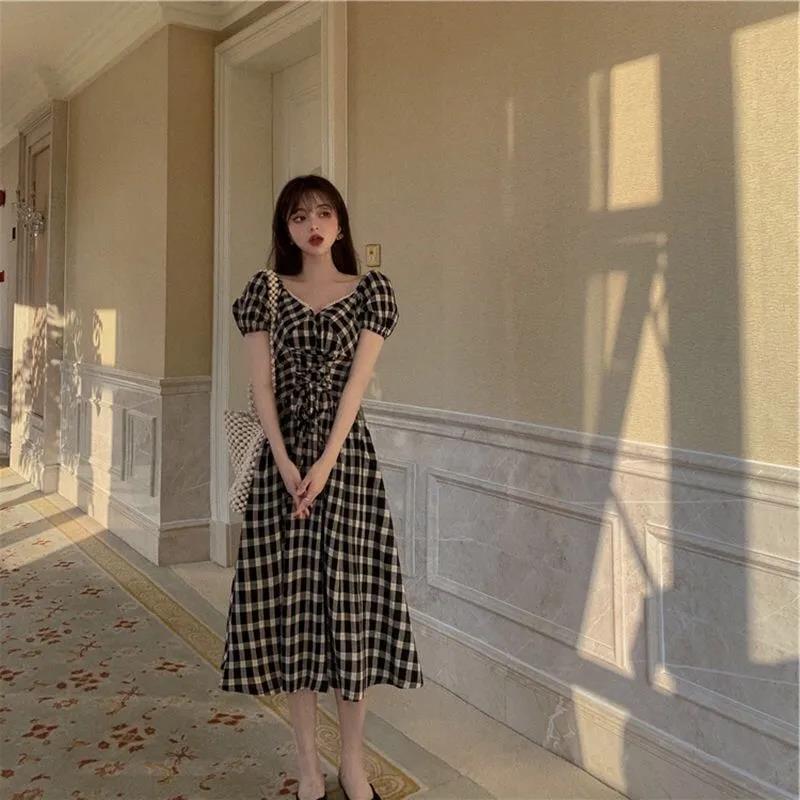 Female Vintage High Waist Super Fairy Holiday Dress Elegant Slim Pleated Retro Plaid Party Dress