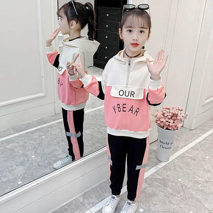 Comfortable Skin-friendly Girls' Spring and Autumn Suits Loose Long-sleeved Color-block Print Pullover Sweater Casual Trousers Children Two-piece Set