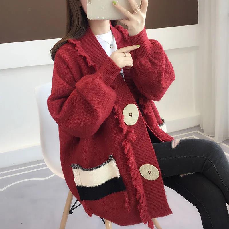 Sweater Cardigan Women's Spring and Autumn Loose All-match Mid-length Casual Solid Color Coat