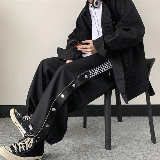 Retro-breasted Slit Reflective Strip Casual Pants Sports Trousers Men's Straight Wide-leg Pants