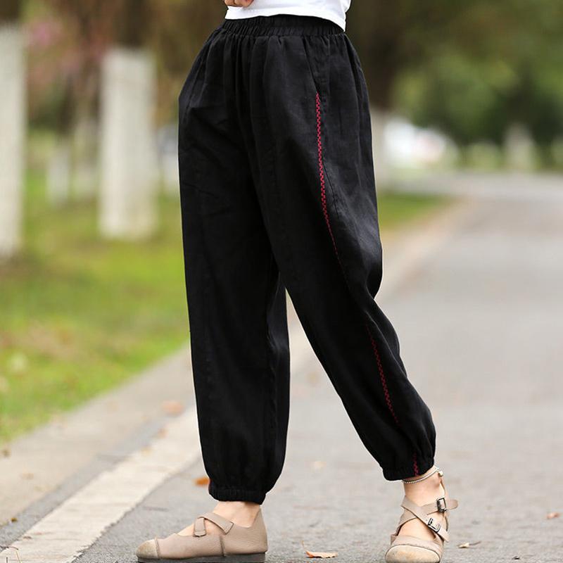 WTEMPO Cotton and Linen Embroidered Pants Summer Bloomers Women High Waist Harem Pants Loose Casual Trousers