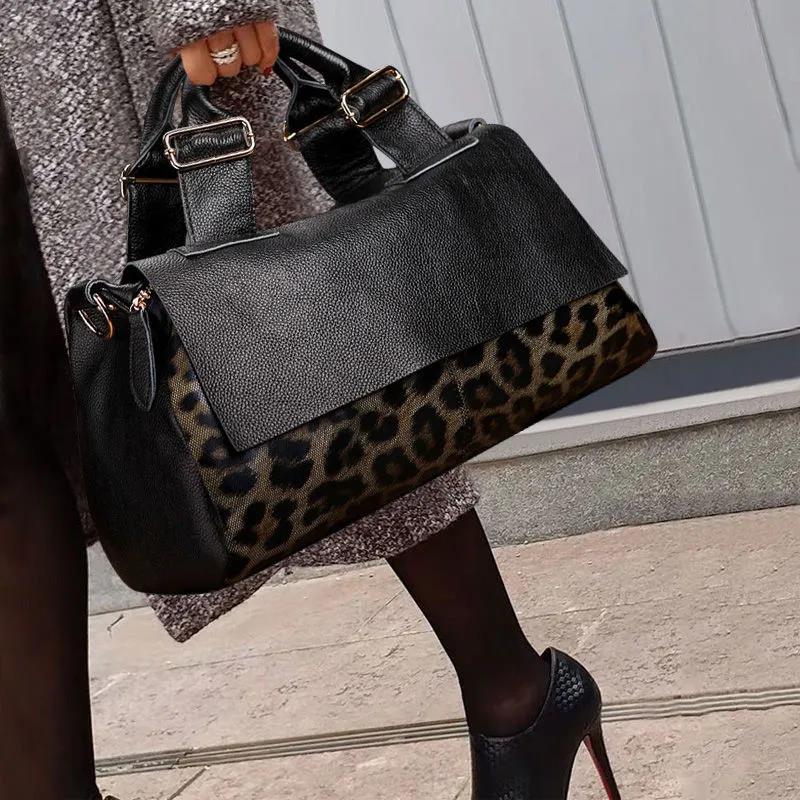 Personality Leopard Big Black Genuine Leather Top-Handle Bags Handbags Women Bags Luxury Large Capacity