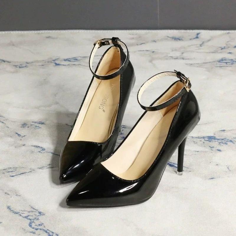 35-45 Large Size Buckle High Heels Female Patent Leather Stiletto Black Professional Work Shoes Reverse String High Heels