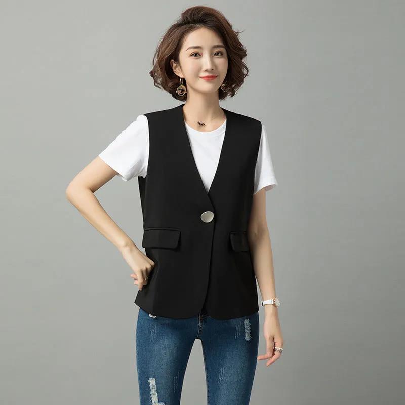 Women's Thin Suit Waistcoat Sleeveless Jacket Ladies Casual Single Button V-neck Short Suit Jacket Straight Vest Women's Suit Vest