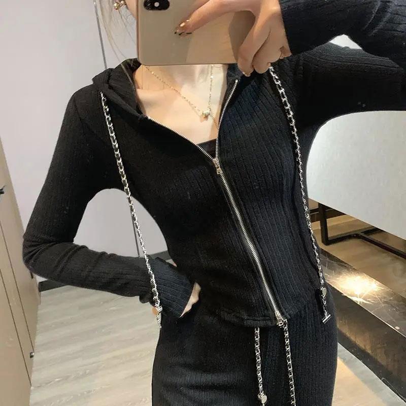 2PCS Women's Casual Sports Suit Long-sleeved Knitted Zipper Cardigan + Wide-leg Pants Two-piece Suit Ladies Slimming Fitness Suit Athletic Clothing