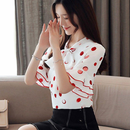 Sweet Shirt Summer Polka Dot Half-sleeved Top Women's Lotus Leaf Collar Polka Dot Shirt Short-sleeved Chiffon Shirt Tie Bow Shirt