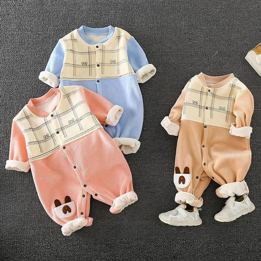 BABY BODYSUIT Autumn and Winter Style Plush Thickened Boys and Girls Baby Cute Ha Clothes Newborn Warm Clothes Outdoor Climbing Clothes