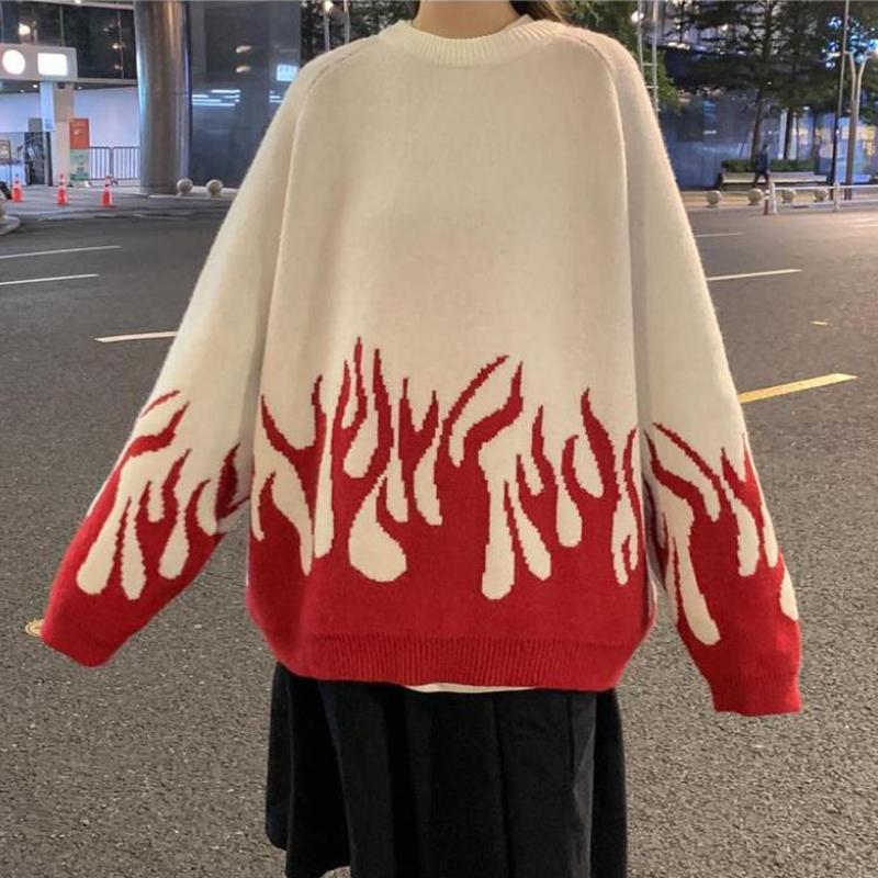 WTEMPO Flame Print Christmas Couple Sweater Soft Casual Knitted Sweater Winter Warm Pullover Large Size